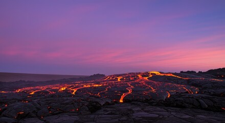 Molten lava flows at sunset over volcanic landscape