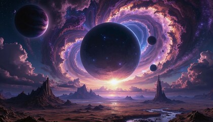 The image is an artistic interpretation of a cosmic landscape