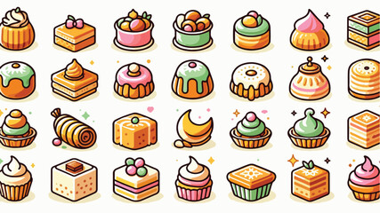 Eid and Ramadan Sweet Dessert Icon Set with Cookies, Cakes, and Traditional Pastries