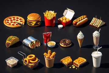 Fast food icon set featuring vector illustrations of hamburger, pizza, sandwich, coffee cup, and sweet cake for a restaurant meal
