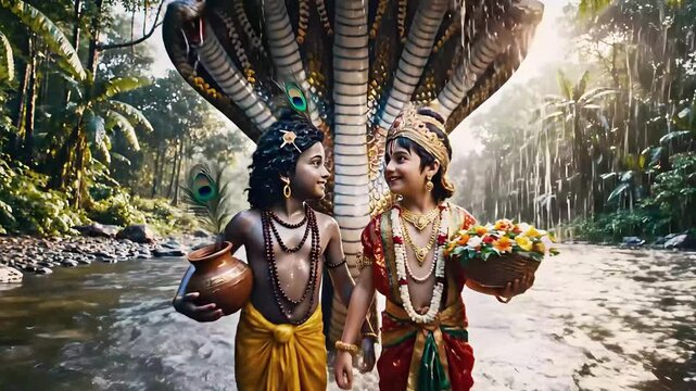 Divine children Krishna Balaram walk through river under multi-headed Naga serpent protecting them during monsoon rain jungle setting with sun flare and peacock feather details sacred mythology