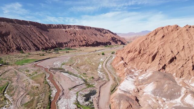 San Pedro de Atacama, Chile: Aerial footage of Catarpe Valley in San Pedro de Atacama, Chile. WIth forward and rotation motion showing the river between rock formation