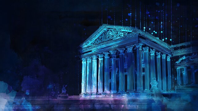 Futuristic government building glows blue a digital data overlay modern architectural concept art - Powered by Adobe