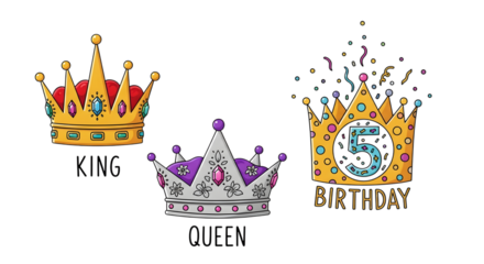 Three colorful crowns isolated on transparent background for birthday celebrations