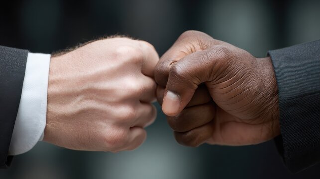 Two professionals sharing a fist bump to celebrate success, showcasing teamwork and collaboration in a corporate environment.