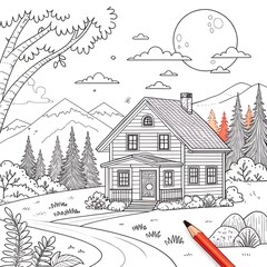 Obraz premium Cozy wooden house in a beautiful mountain landscape with pine trees and a full moon, coloring book page for kids.