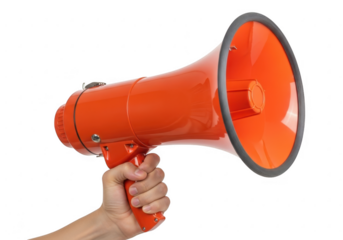 Hand holding an orange megaphone isolated on transparent background