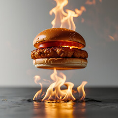 Floating chicken sandwich on fire burger flame burning