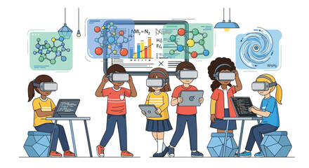 Children learning science and technology with virtual reality headsets in a classroom.