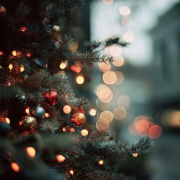 A beautifully decorated Christmas tree with vibrant ornaments and sparkling lights, creating a warm and festive atmosphere.