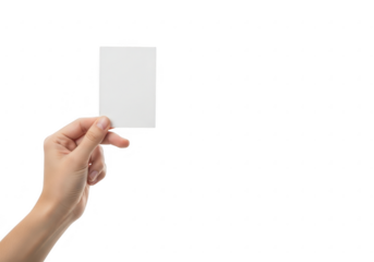 Hand holding a blank white card isolated on transparent background