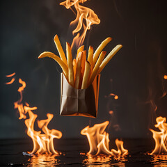 French fries in a paper bag on fire flames burning