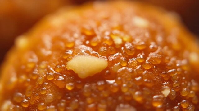 Macro of fresh laddu surface, grainy texture glowing with ghee, tiny almond fragments embedded, warm orange tones, gentle handheld movement.