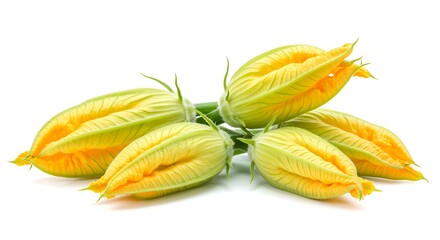 Fototapeta premium Fresh Zucchini Flowers Close-Up with Vibrant Yellow and Green Colors on Clean White Background