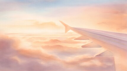 Serene airplane wing watercolor illustration above clouds a golden tranquil aerial view