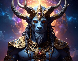 Mythic creature with ornate crown, horns, and cosmic background
