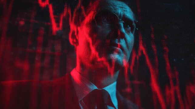A businessman contemplates financial data with a backdrop of fluctuating graphs, embodying the pressure of market analysis.