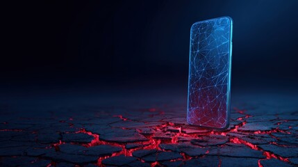 A futuristic smartphone illuminated by vibrant blue and red energy, set against a dark, textured background. ..Created with Generative AI, not depicting real subjects.