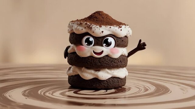 Adorable Stacked Chocolate Dessert with Smiling Face and Pink Cheeks on Swirl Backdrop