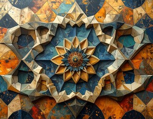 Ornate pattern with tessellated stars, petal-like formations, blues, oranges, and browns