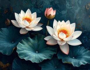 Painted lotuses in bloom with large leaves against a textured blue background in a digital painting style