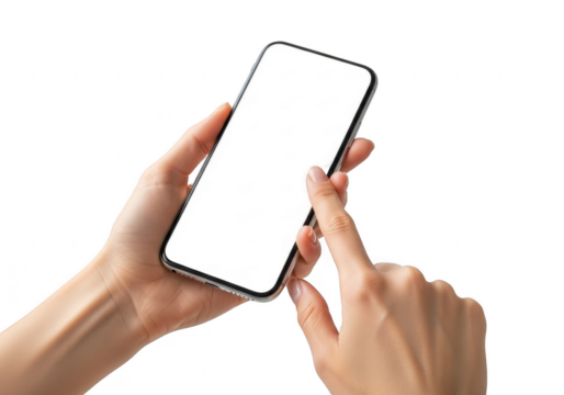 Hands holding smartphone with blank screen isolated on transparent background - Powered by Adobe