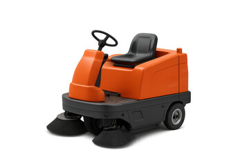 Orange industrial floor scrubber machine on transparent background
