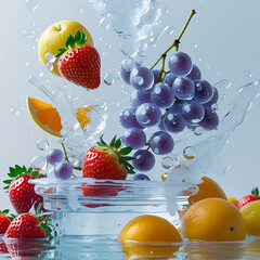 Fresh fruit splashing in water strawberries oranges