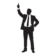 Obraz premium Confident businessman pointing upwards in a suit and tie