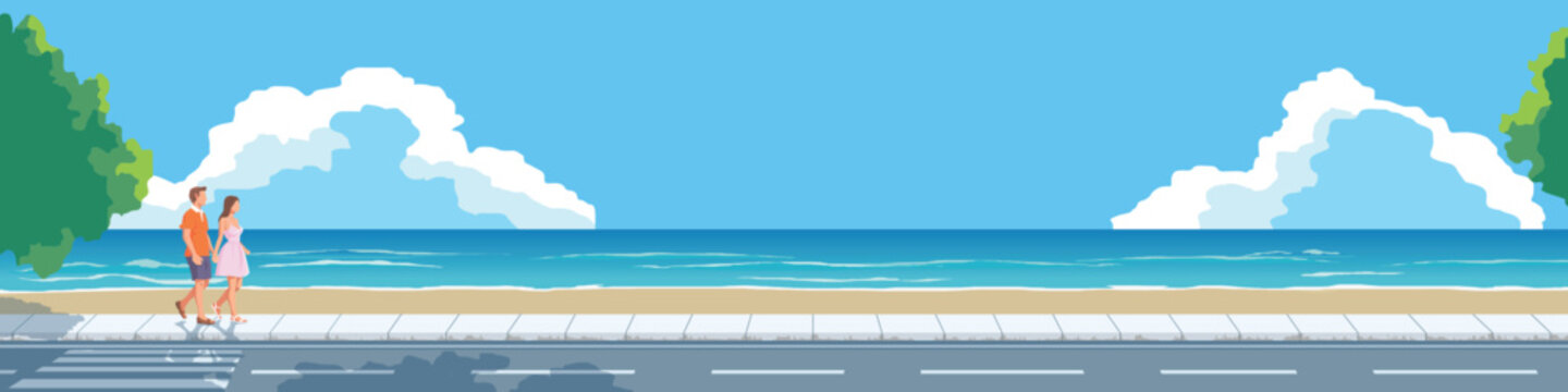 Flat vector illustration of couples holding hands walking together on the beach. Landscape of asphalt road with footpath. Clean sandy beaches and pristine blue sea under a clear blue sky. For banner.