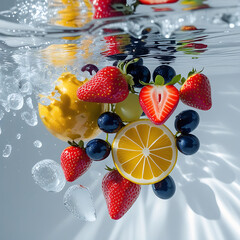 Fresh fruit splashing in water with ice cubes strawberries