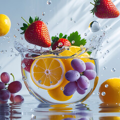 Fresh fruit splashing in water with strawberries lemons and grapes