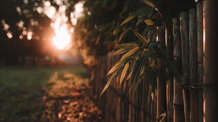 Sunlight streams past tall bamboo stalks forming a natural fence in a garden setting