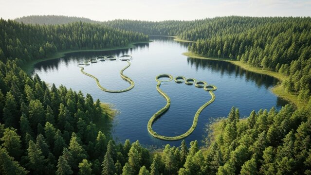 Serene lake surrounded by dense forest and unique land formation isolated on transparent background - Powered by Adobe