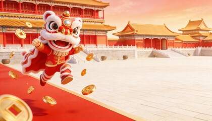 Vibrant 3D Lion Dance Character Jumping with Joy in a Festive Setting Surrounded by Golden Coins