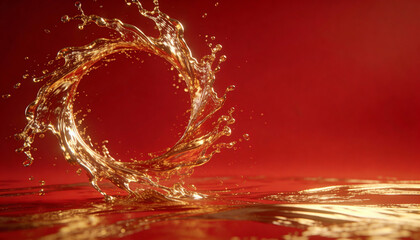 Golden Fluid Splash in Circular Shape Against Red Background, Symbolizing Festivity and Prosperity