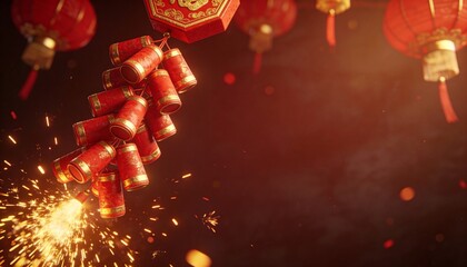 Vibrant 3D Scene of Exploding Firecrackers with Golden Sparks Celebrating Chinese New Year in a Festive Atmosphere