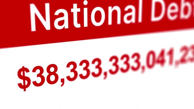 National debt counter increasing from thirty six trillion to forty three trillion dollars on red white background representing government spending fiscal pressure economic risk public finance growth