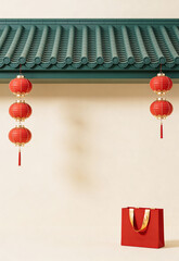Minimalist 3D Scene Featuring Red Lanterns and Elegant Gift Bag with Golden Silk Handle for Celebrating CNY