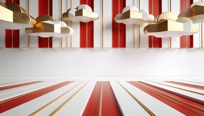 Minimalist 3D Geometric Background with Red Stripes and Floating Gold Clouds for Modern Design Projects