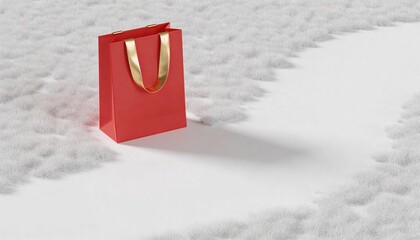 Minimalist 3D Scene Featuring a Red Gift Bag with Golden Silk Handle on a Soft White Surface