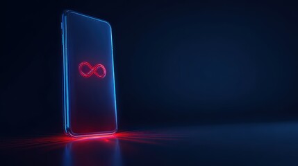 An illuminated smartphone glows with a neon infinity symbol, symbolizing boundless connectivity. ..Created with Generative AI, not depicting real subjects.