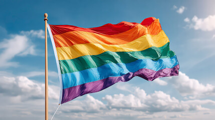 A vibrant rainbow flag waves under a blue sky with clouds, symbolizing LGBTQ+ pride and diversity.