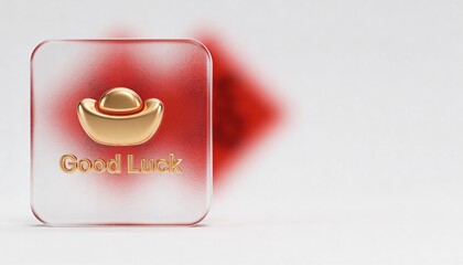 Frosted Glass Panel with Gold Good Luck Icon Perfect for Celebrations and Symbolic Graphics in a Stylish 3D UI Design