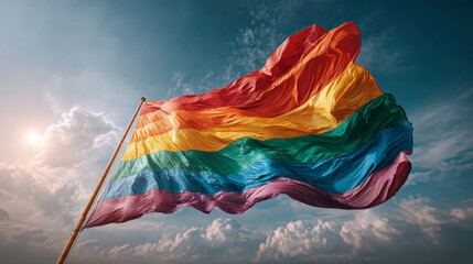 A vibrant rainbow flag waves proudly against a backdrop of sunlit clouds, symbolizing LGBTQ+ pride and diversity.