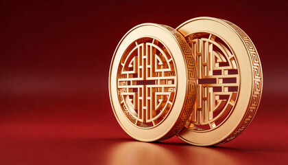 Sleek Interlocking Golden Rings with Traditional Chinese Patterns on a Rich Red Background for Abstract Celebrations