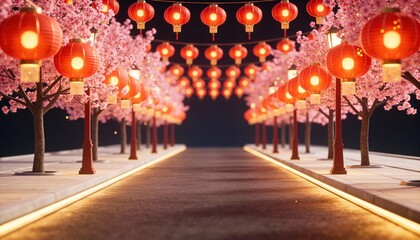 Festive Night Street Scene with Glowing Lanterns and Cherry Blossom Trees Celebrating Lunar New Year