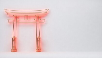Minimalist Render of a Chinese Gate Silhouette Crafted with Thin Gold Lines on a Soft Red Background