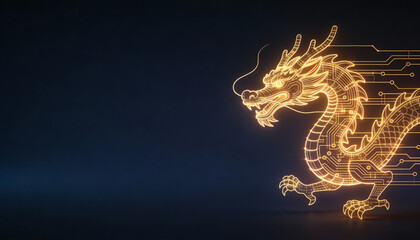 Golden Dragon Silhouette with Glowing Circuit Lines on Dark Background for Digital Artwork and Graphic Design Projects