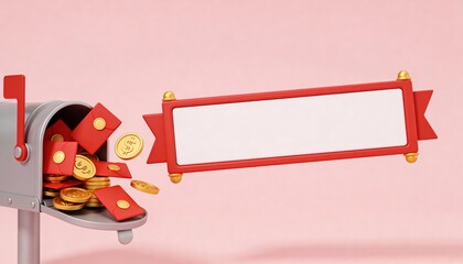 Playful 3D Minimalist Mailbox Overflowing with Red Envelopes and Gold Coins on a Soft Pink Background